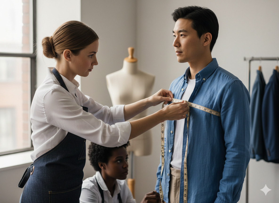 Professional tailor taking precise measurements for garment fitting